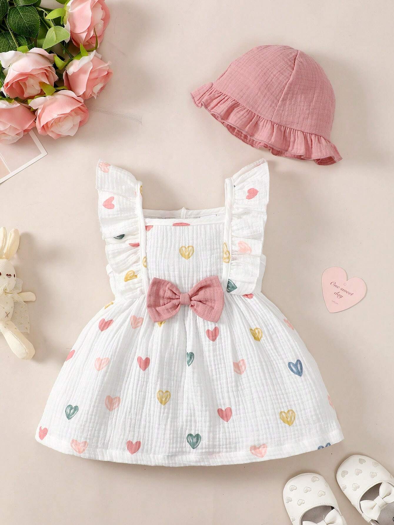Baby Girls White Heart Print Dress with Pink Bow & Hat