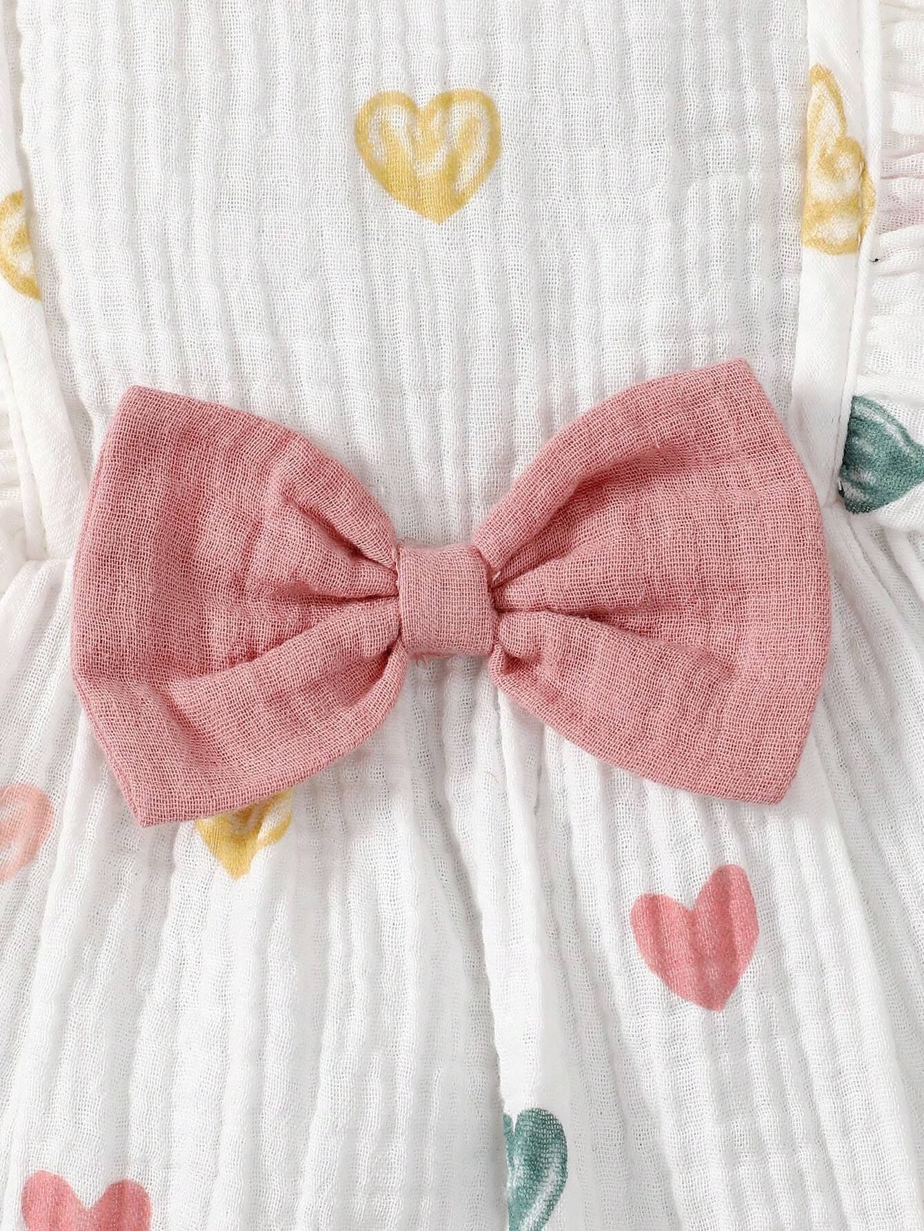 Baby Girls White Heart Print Dress with Pink Bow & Hat