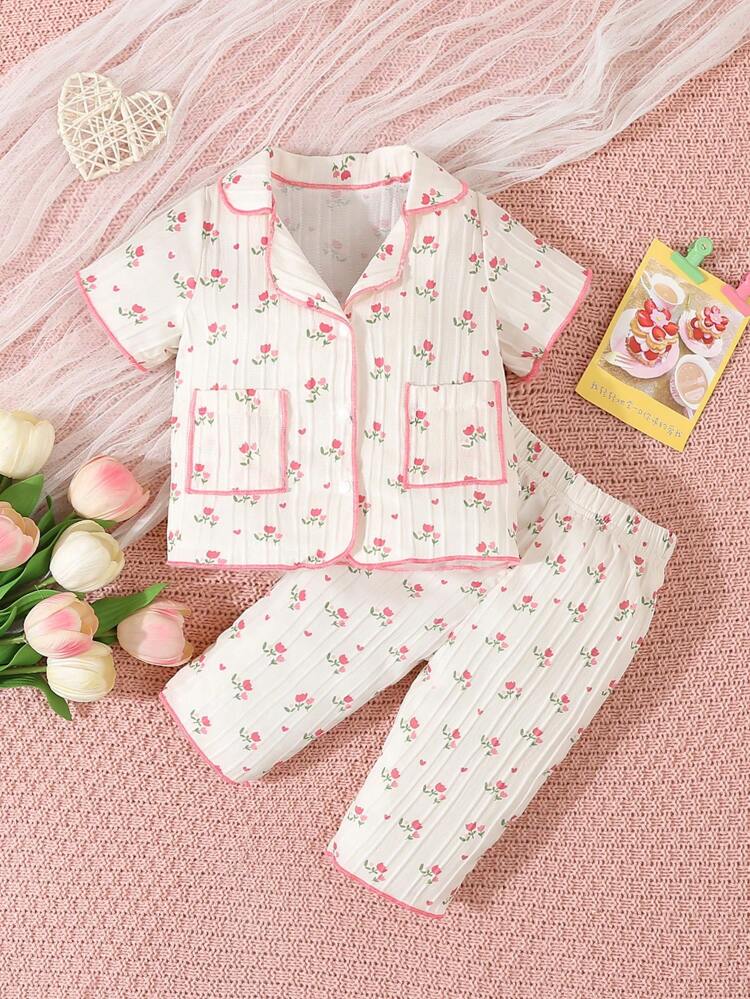 Baby Girl 2-Piece Floral Pajama Set – Short Sleeve Button-Up Top & Long Pants Sleepwear Set