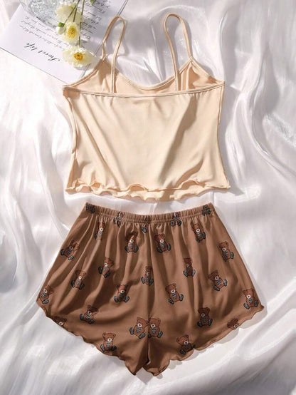 Women’s Teddy Bear Cami & Shorts Pajama Set – Cute Cartoon Two Piece Sleepwear Set