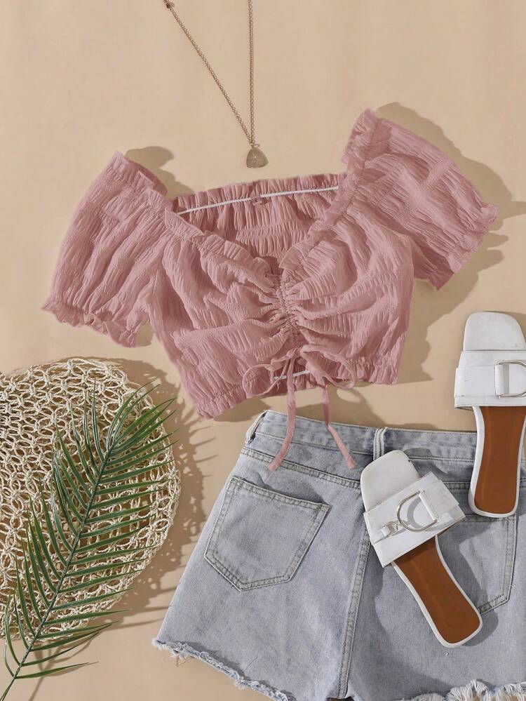 Pink Off Shoulder Ruched Crop Top – Puff Sleeve Drawstring Blouse – Cute Feminine Summer Style