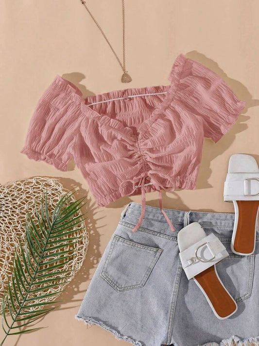 Pink Off Shoulder Ruched Crop Top – Puff Sleeve Drawstring Blouse – Cute Feminine Summer Style