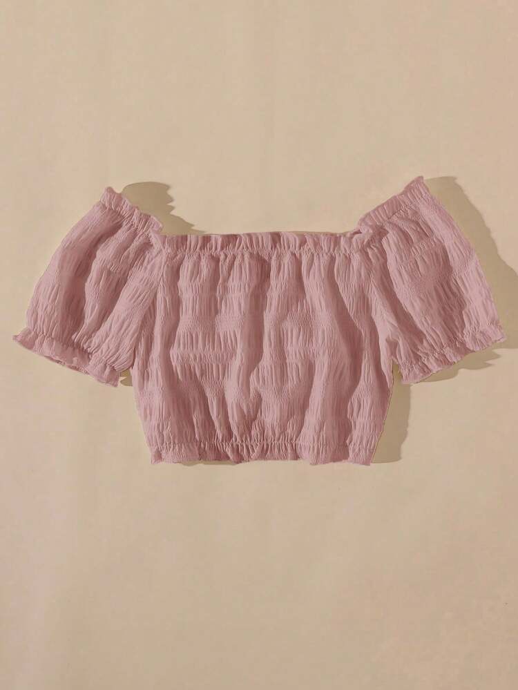 Pink Off Shoulder Ruched Crop Top – Puff Sleeve Drawstring Blouse – Cute Feminine Summer Style