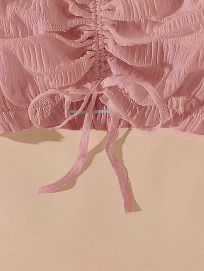 Pink Off Shoulder Ruched Crop Top – Puff Sleeve Drawstring Blouse – Cute Feminine Summer Style