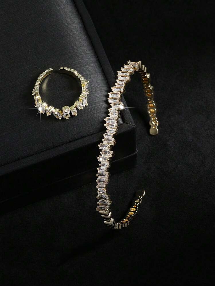 Luxury Crystal Bracelet & Ring Set – Gold Zircon Baguette Jewelry Set for Women