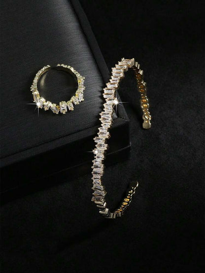 Luxury Crystal Bracelet & Ring Set – Gold Zircon Baguette Jewelry Set for Women