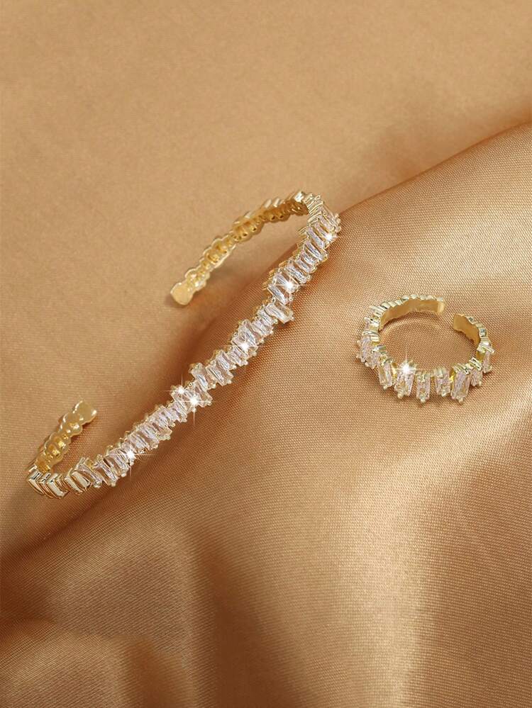 Luxury Crystal Bracelet & Ring Set – Gold Zircon Baguette Jewelry Set for Women