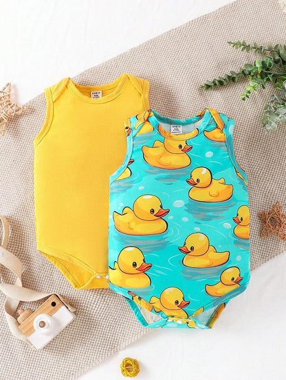 Baby 2-Pack Sleeveless Bodysuits – Solid Yellow & Duck Print Cotton Onesie Set