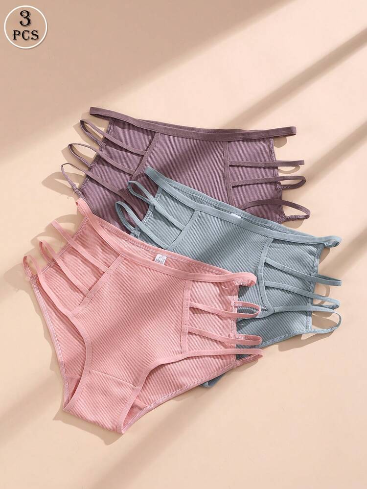 3-Pack Ribbed Strappy Side Panties for Women – Soft Stretch Bikini Briefs – Shein Style Trendy Underwear Set