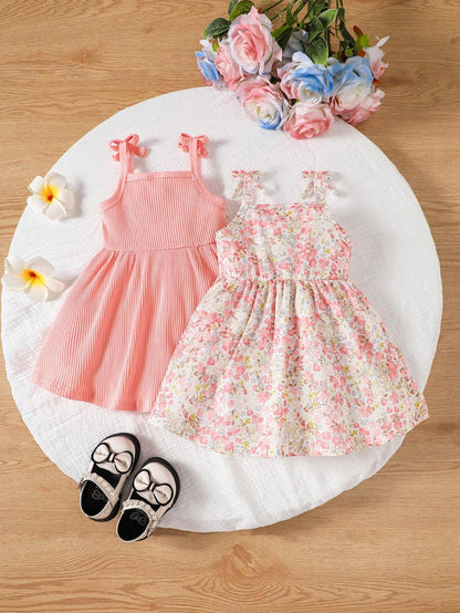 Girls Pink Ribbed Dress & Cream Floral Dress Set