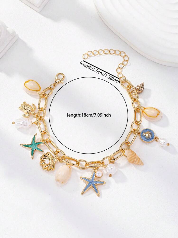 Women Ocean Charm Bracelet – Gold Starfish Shell Charm Chain Bracelet