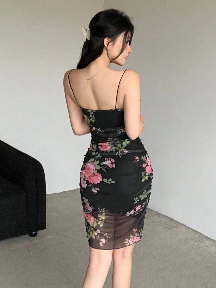 Black Floral Mesh Bodycon Mini Dress – Spaghetti Strap Ruched Party Dress for Women