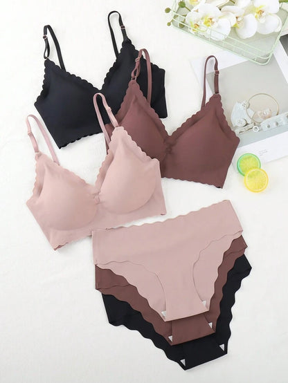 3-Pack Seamless Wireless Bra & Panty Set for Women – Soft Comfort Lingerie – Scalloped Edge – Shein Style Underwear Set