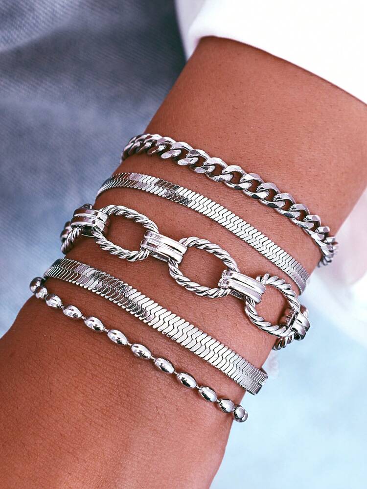 5 Piece Gold Tone Layered Bracelet Set – Chain Link Beaded and Herringbone Stackable Bracelets – Women Jewelry