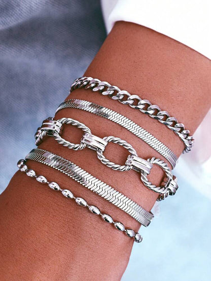 5 Piece Gold Tone Layered Bracelet Set – Chain Link Beaded and Herringbone Stackable Bracelets – Women Jewelry
