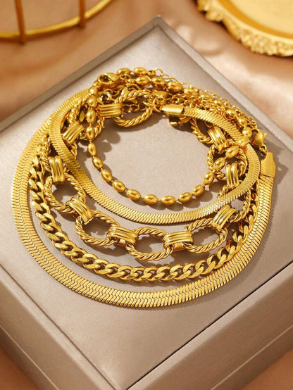 5 Piece Gold Tone Layered Bracelet Set – Mixed Chain and Herringbone Stackable Bracelets for Women