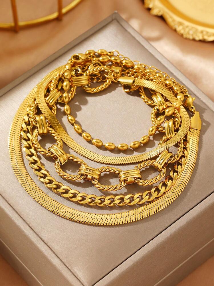 5 Piece Gold Tone Layered Bracelet Set – Chain Link Beaded and Herringbone Stackable Bracelets – Women Jewelry