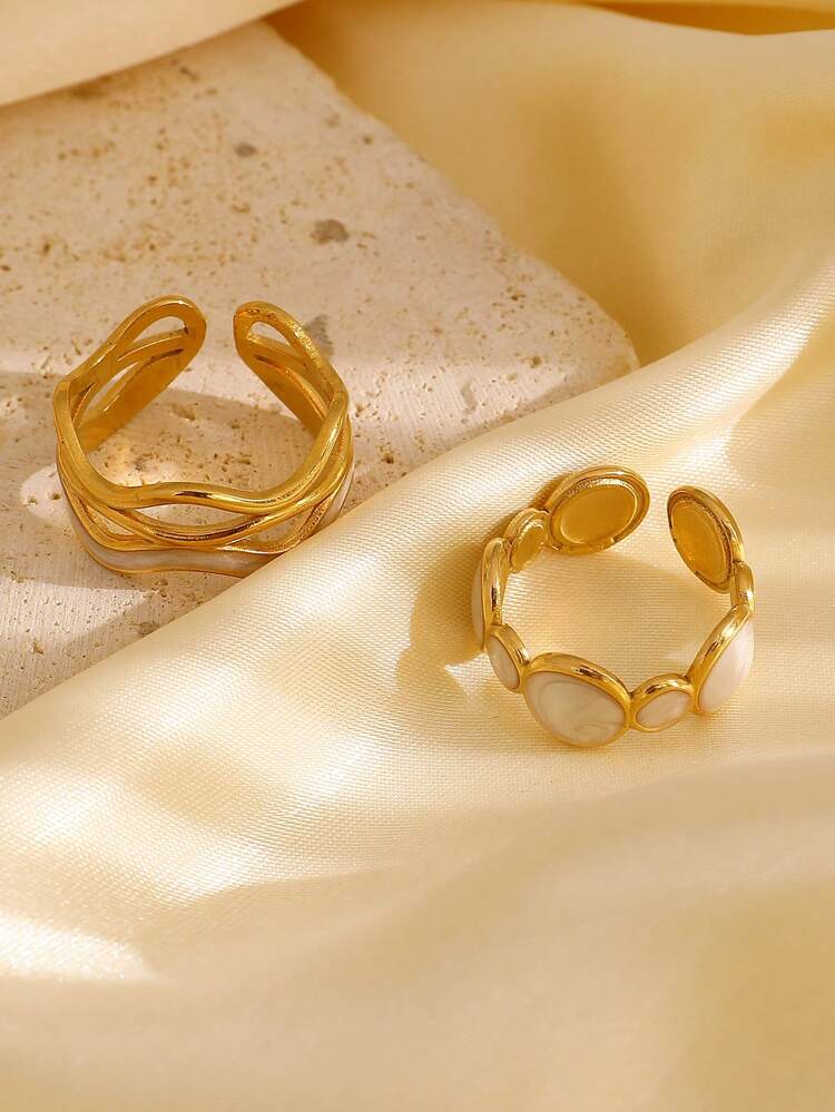 Gold Open Ring Set with White Enamel Details for Women – 3 Pieces