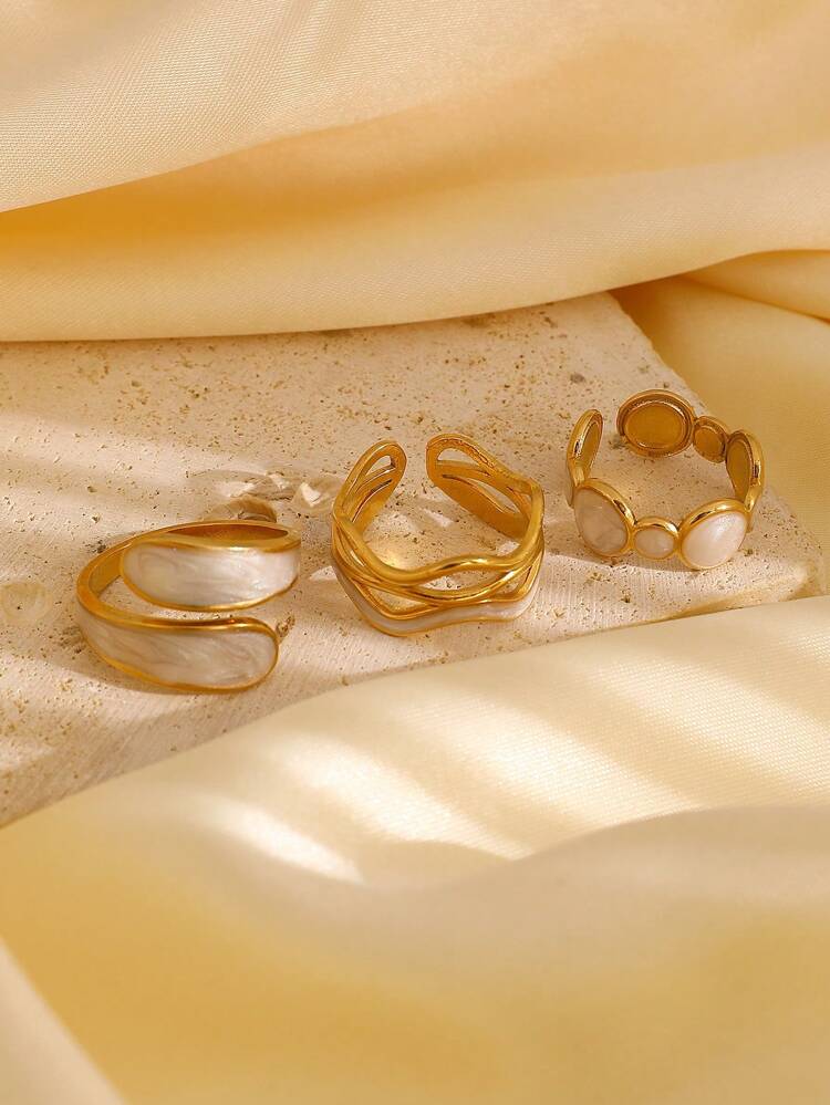 Gold Open Ring Set with White Enamel Details for Women – 3 Pieces