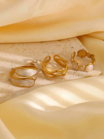 Gold Open Ring Set with White Enamel Details for Women – 3 Pieces