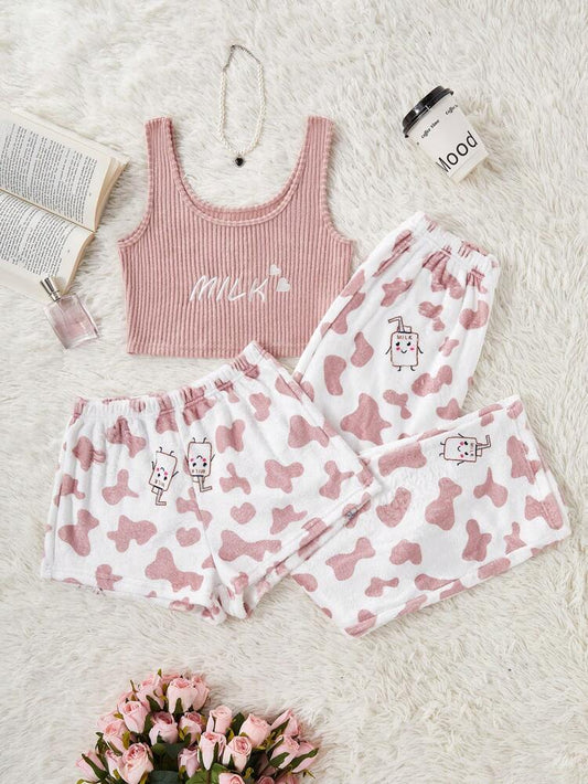Women’s 3 Piece Milk Print Pajama Set – Pink Ribbed Tank Top, Shorts & Lounge Pants Sleepwear Set