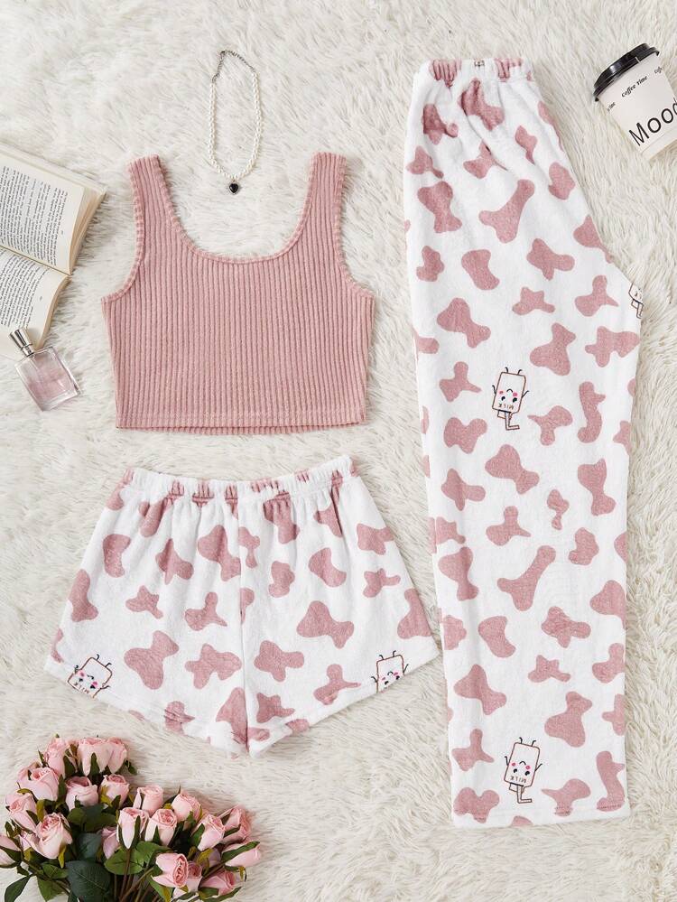 Women’s 3 Piece Milk Print Pajama Set – Pink Ribbed Tank Top, Shorts & Lounge Pants Sleepwear Set