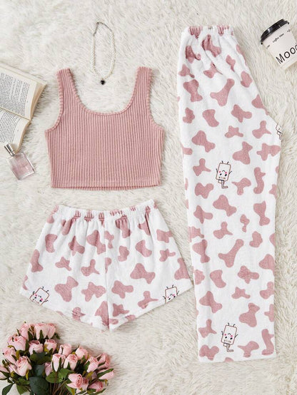Women’s 3 Piece Milk Print Pajama Set – Pink Ribbed Tank Top, Shorts & Lounge Pants Sleepwear Set