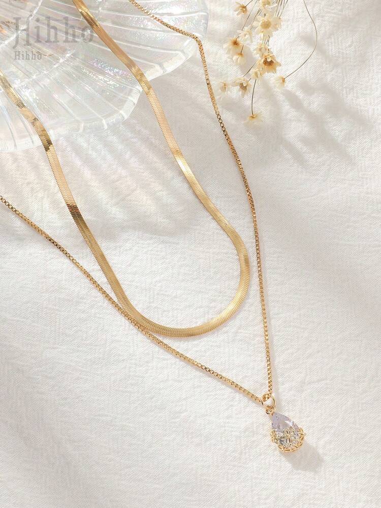 Women Layered Gold Necklace – Snake Chain & Crystal Drop Pendant