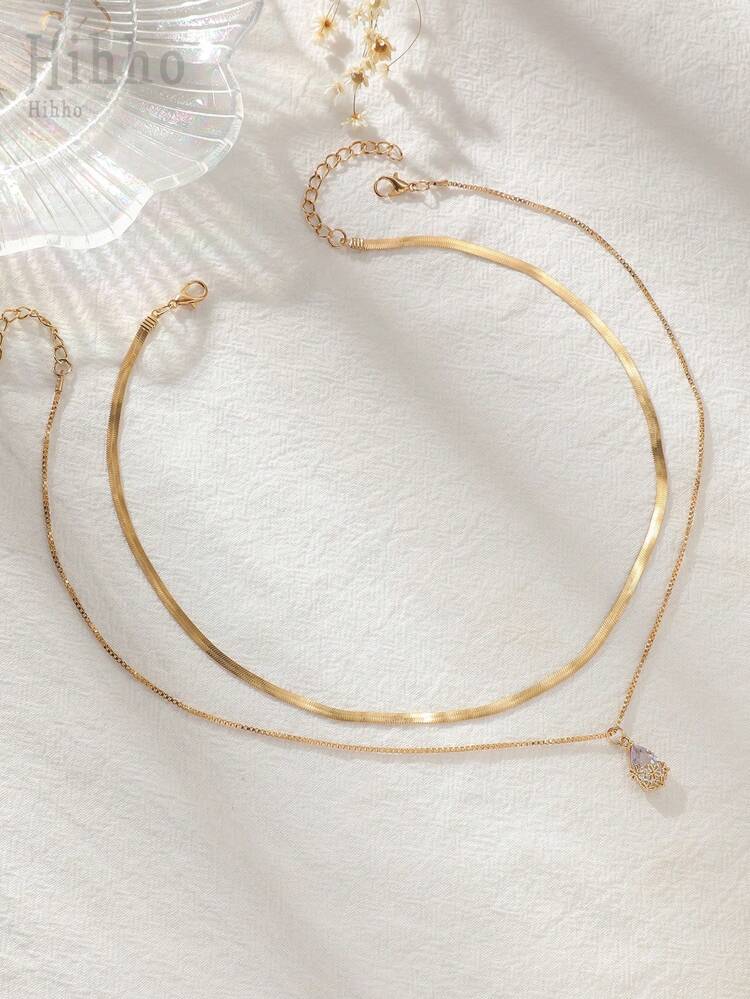 Women Layered Gold Necklace – Snake Chain & Crystal Drop Pendant