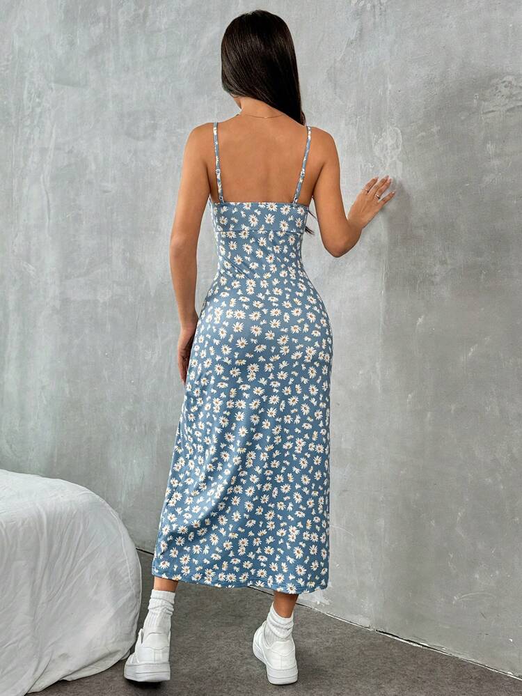 Blue Daisy Print Cami Midi Dress with Side Slit – Slim Fit Summer Floral Dress for Women