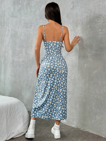 Blue Daisy Print Cami Midi Dress with Side Slit – Slim Fit Summer Floral Dress for Women