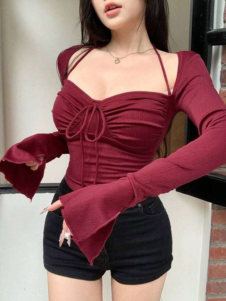 Ruched Halter Strap Cropped Top with Front Tie – Burgundy