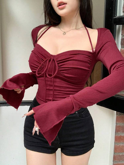 Ruched Halter Strap Cropped Top with Front Tie – Burgundy