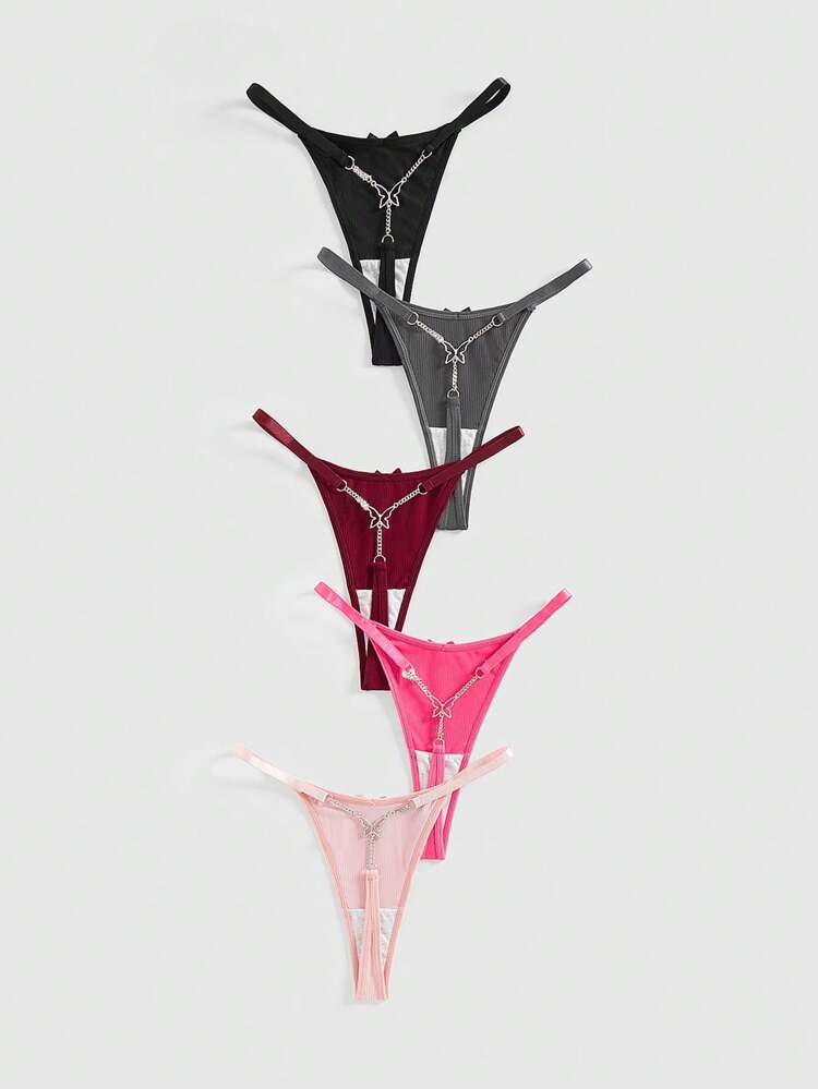Women’s Butterfly Charm Thong Panties 5 Piece Set – Low Rise Stretch Minimal Underwear – Multi Color Lingerie Pack