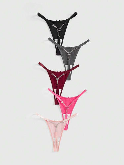 Women’s Butterfly Charm Thong Panties 5 Piece Set – Low Rise Stretch Minimal Underwear – Multi Color Lingerie Pack
