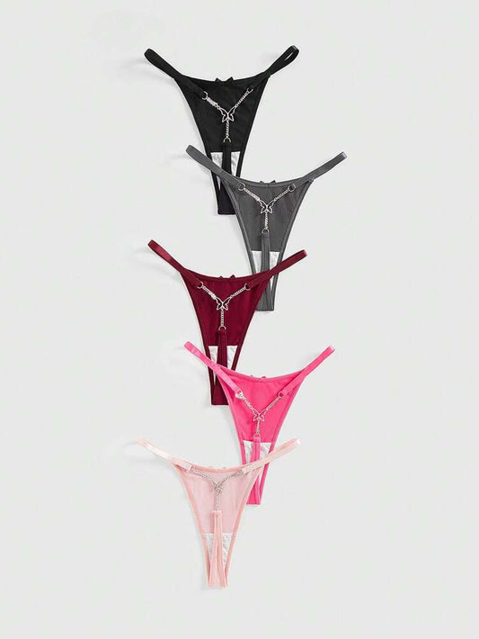 Women’s Butterfly Charm Thong Panties 5 Piece Set – Low Rise Stretch Minimal Underwear – Multi Color Lingerie Pack