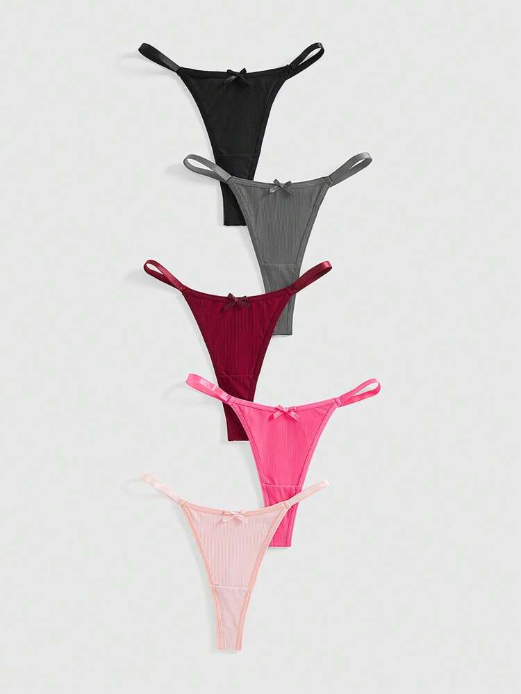 Women’s Butterfly Charm Thong Panties 5 Piece Set – Low Rise Stretch Minimal Underwear – Multi Color Lingerie Pack