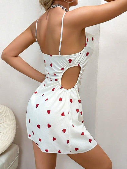 White Heart Print Cut Out Mini Dress – Spaghetti Strap Sweetheart Neck Dress for Women