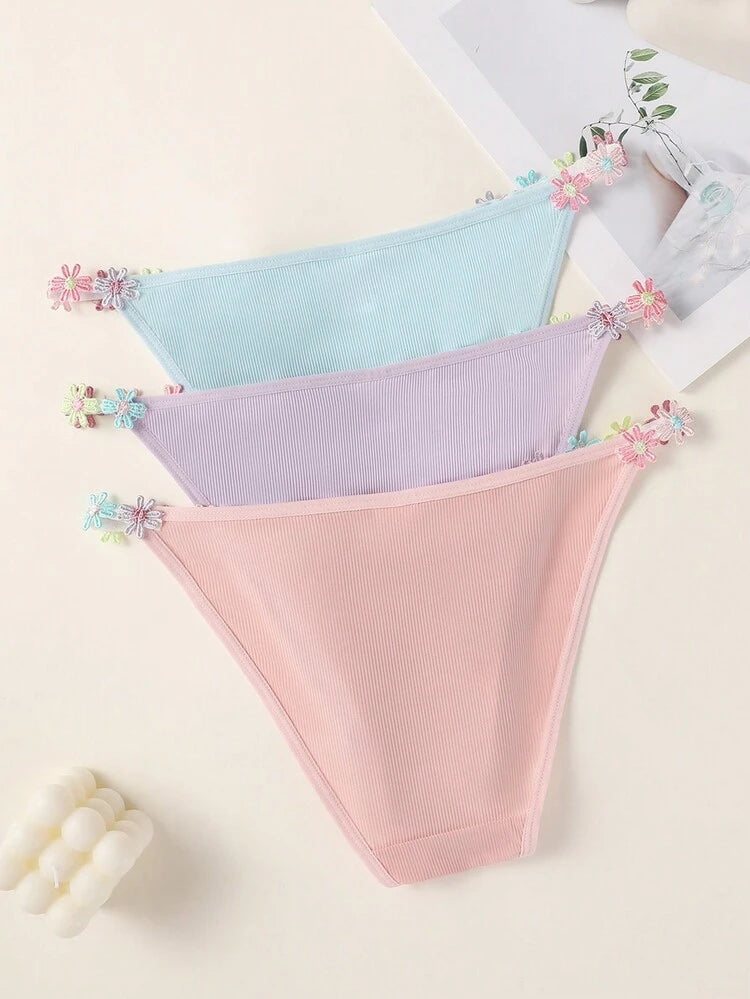 3-Pack Ribbed Floral Side String Panties for Women – Soft Stretch Bikini Briefs – Cute Pastel Lingerie – Shein Style Underwear Set