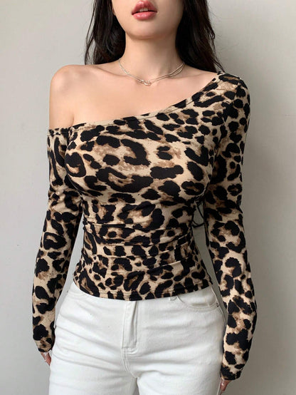 Women’s Leopard Print One Shoulder Long Sleeve Top