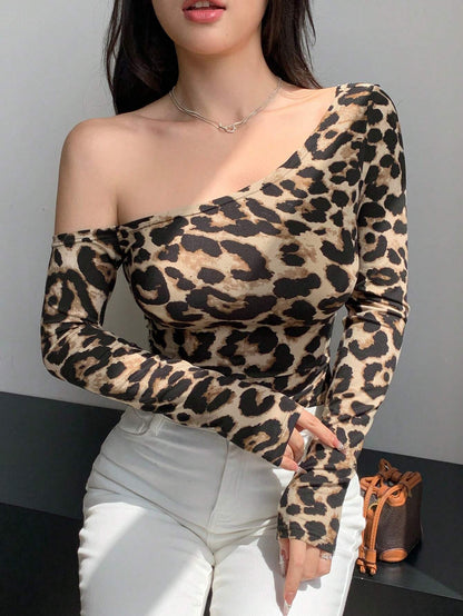 Women’s Leopard Print One Shoulder Long Sleeve Top