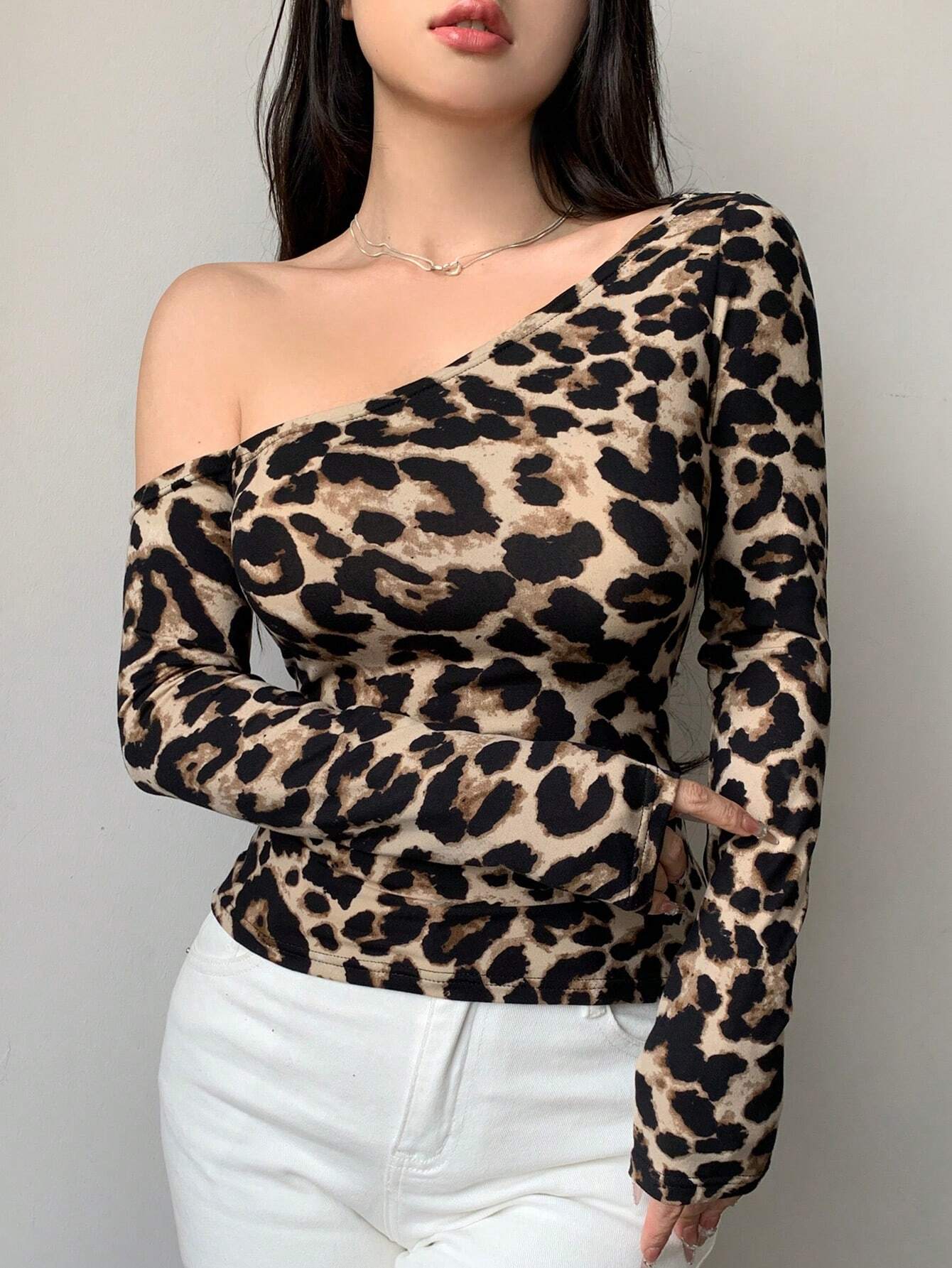 Women’s Leopard Print One Shoulder Long Sleeve Top