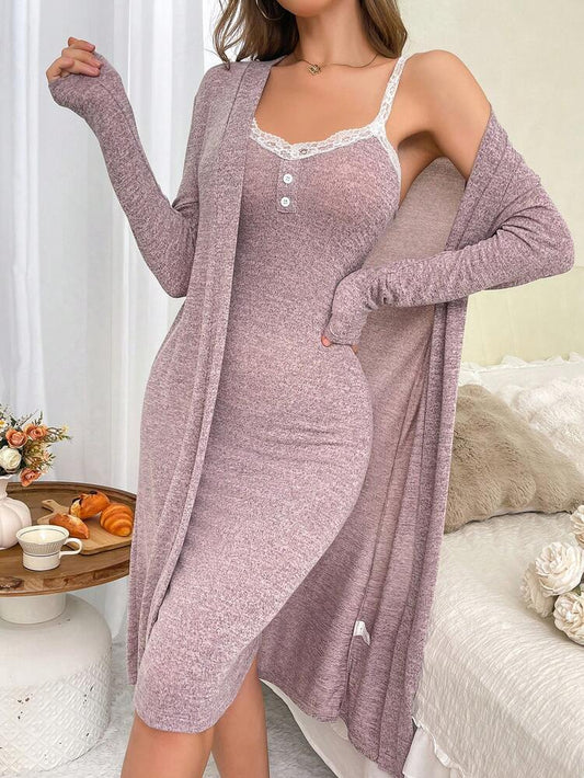Dusty Rose Lace Trim Sleep Dress with Long Cardigan Set – Soft Lounge Nightwear 2-Piece for Women