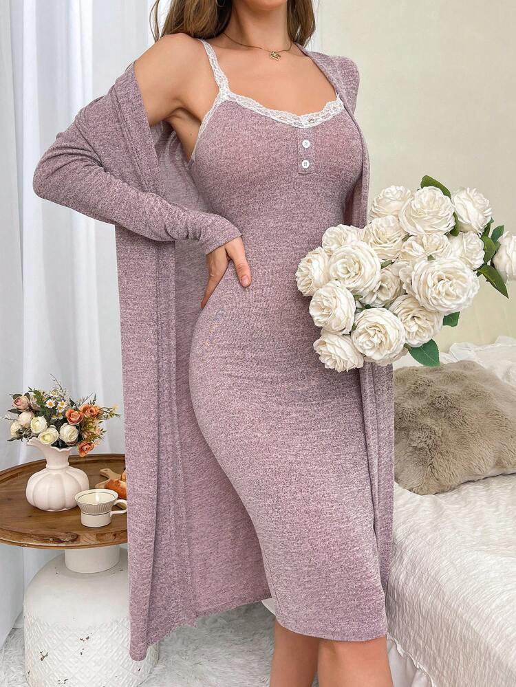 Dusty Rose Lace Trim Sleep Dress with Long Cardigan Set – Soft Lounge Nightwear 2-Piece for Women