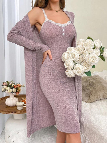 Dusty Rose Lace Trim Sleep Dress with Long Cardigan Set – Soft Lounge Nightwear 2-Piece for Women