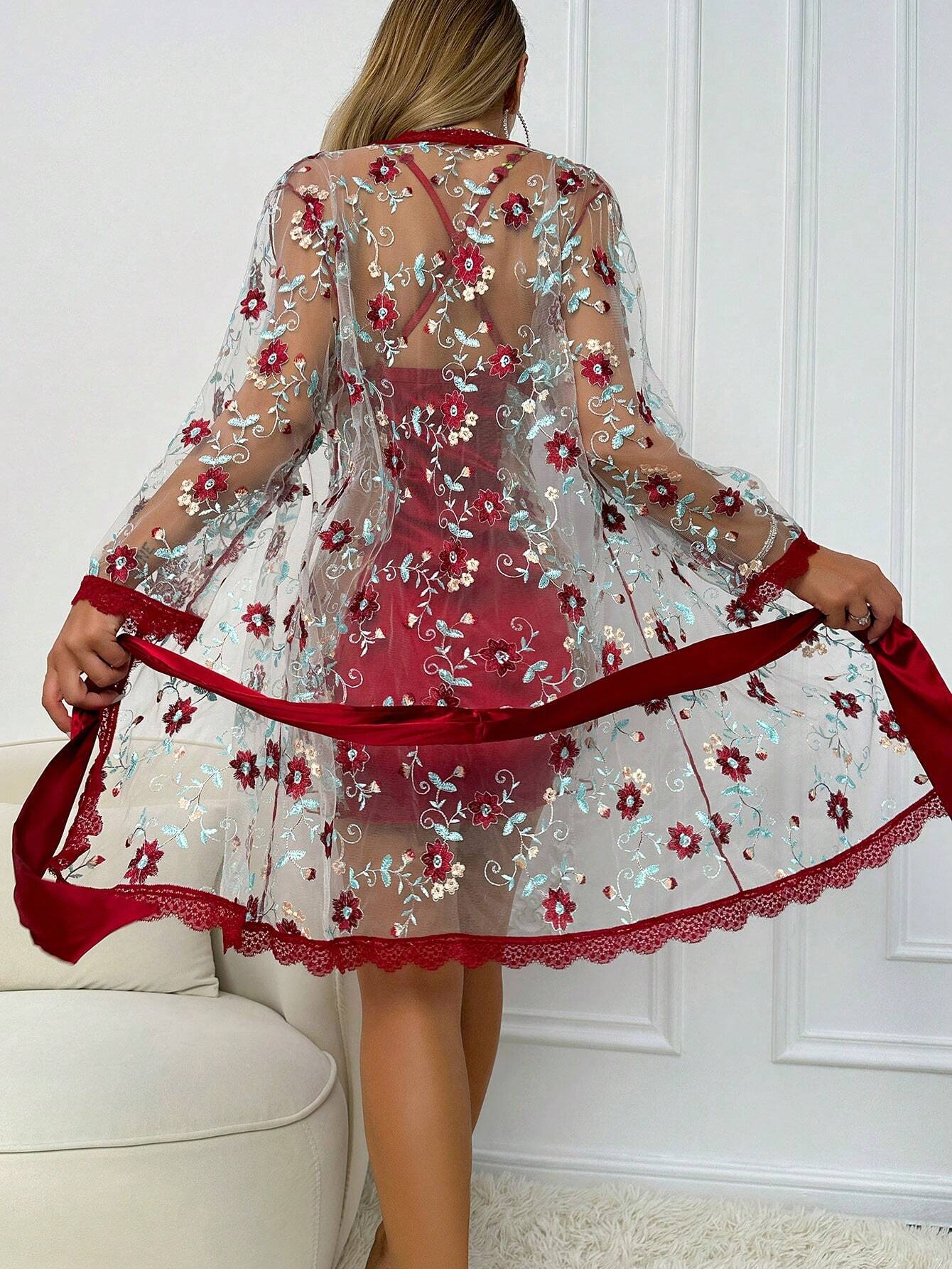 SHEIN Red Satin Floral Lace Nightdress Set - SHEIN Fast Delivery in 5 Days