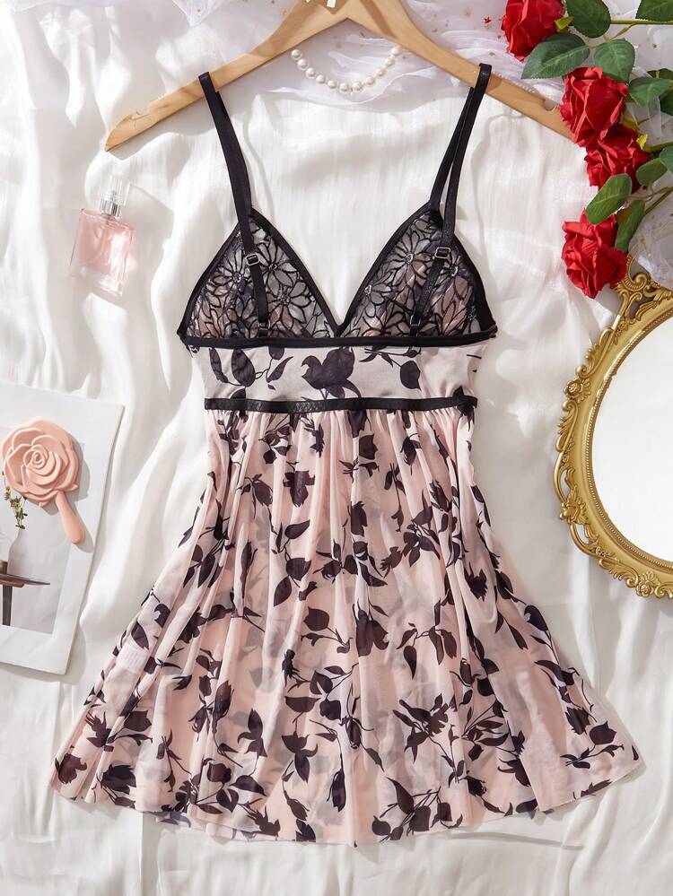 Floral Mesh Babydoll Nightdress – Women Elegant Sleepwear