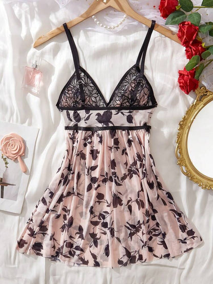 Floral Mesh Babydoll Nightdress – Women Elegant Sleepwear