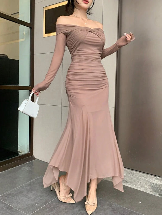 Taupe Off Shoulder Ruched Mermaid Maxi Dress – Long Sleeve Elegant Bodycon Evening Dress for Women