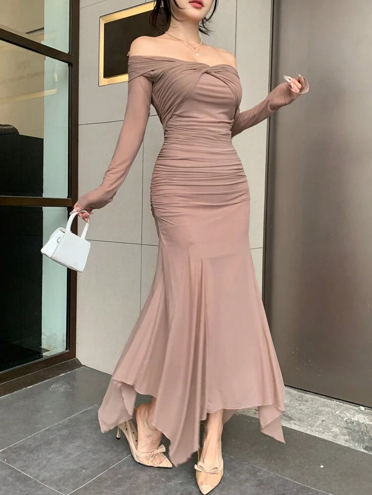 Taupe Off Shoulder Ruched Mermaid Maxi Dress – Long Sleeve Elegant Bodycon Evening Dress for Women